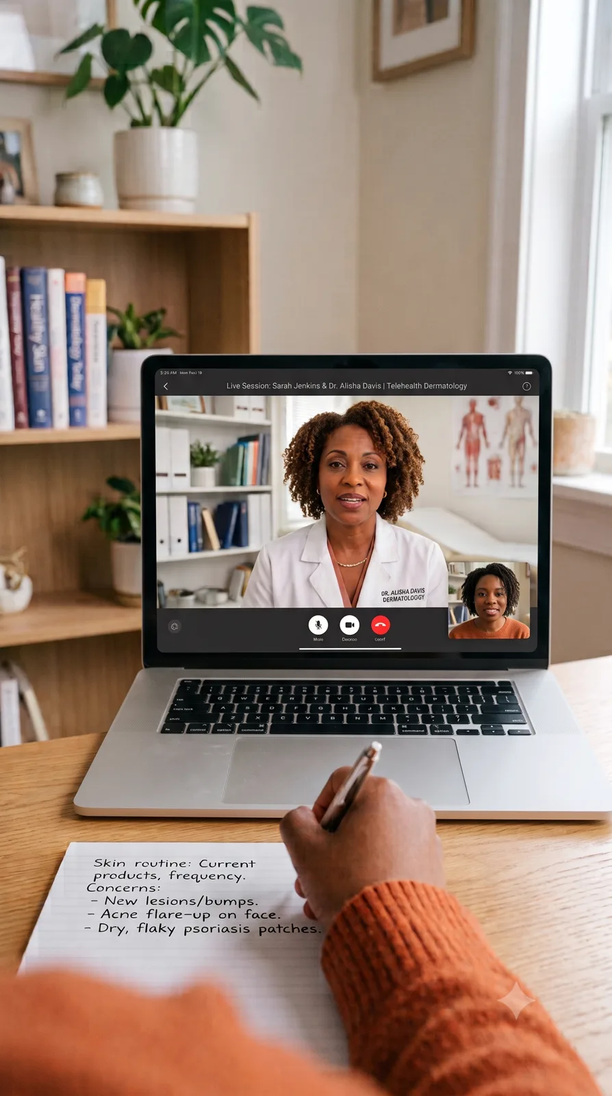 A WeSeeColor telehealth consultation on a laptop, with a patient taking notes alongside